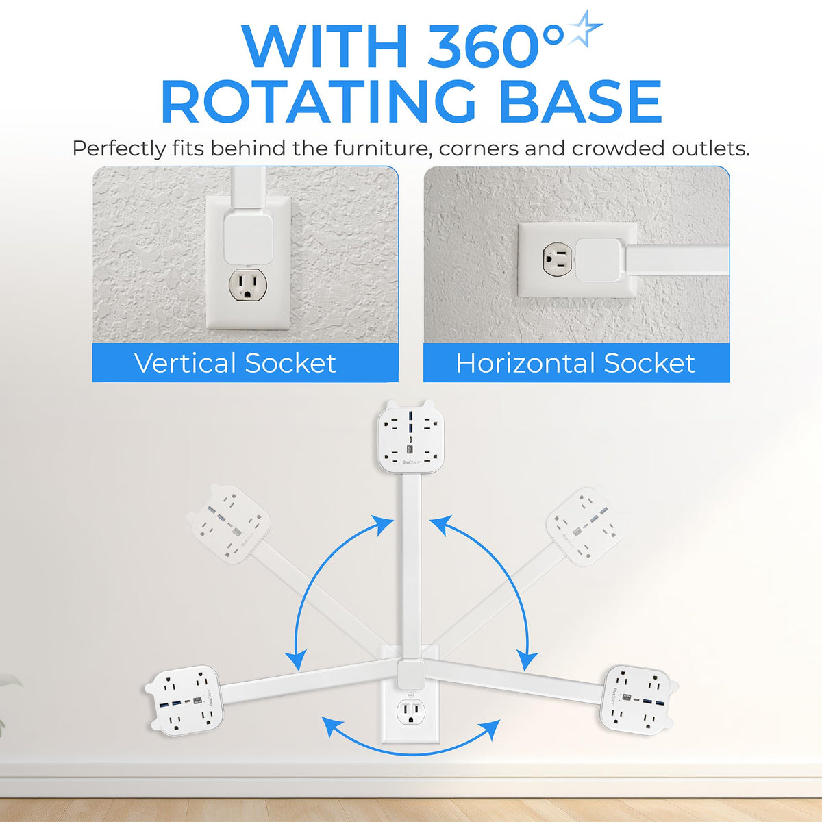 Electrical outlet extender stick showing 360-degree rotating base for vertical and horizontal wall sockets.