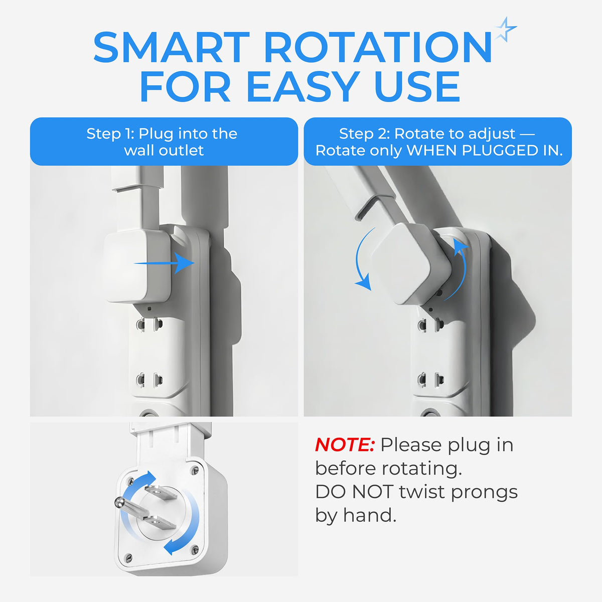 Instructional graphic showing how to plug in and rotate the 360-degree electrical outlet extender stick.