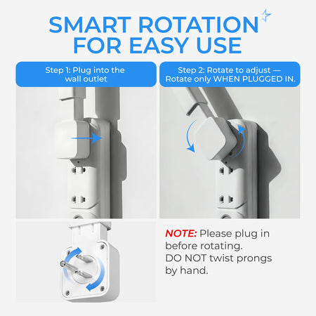 Instructional graphic showing how to plug in and rotate the 360-degree electrical outlet extender stick.