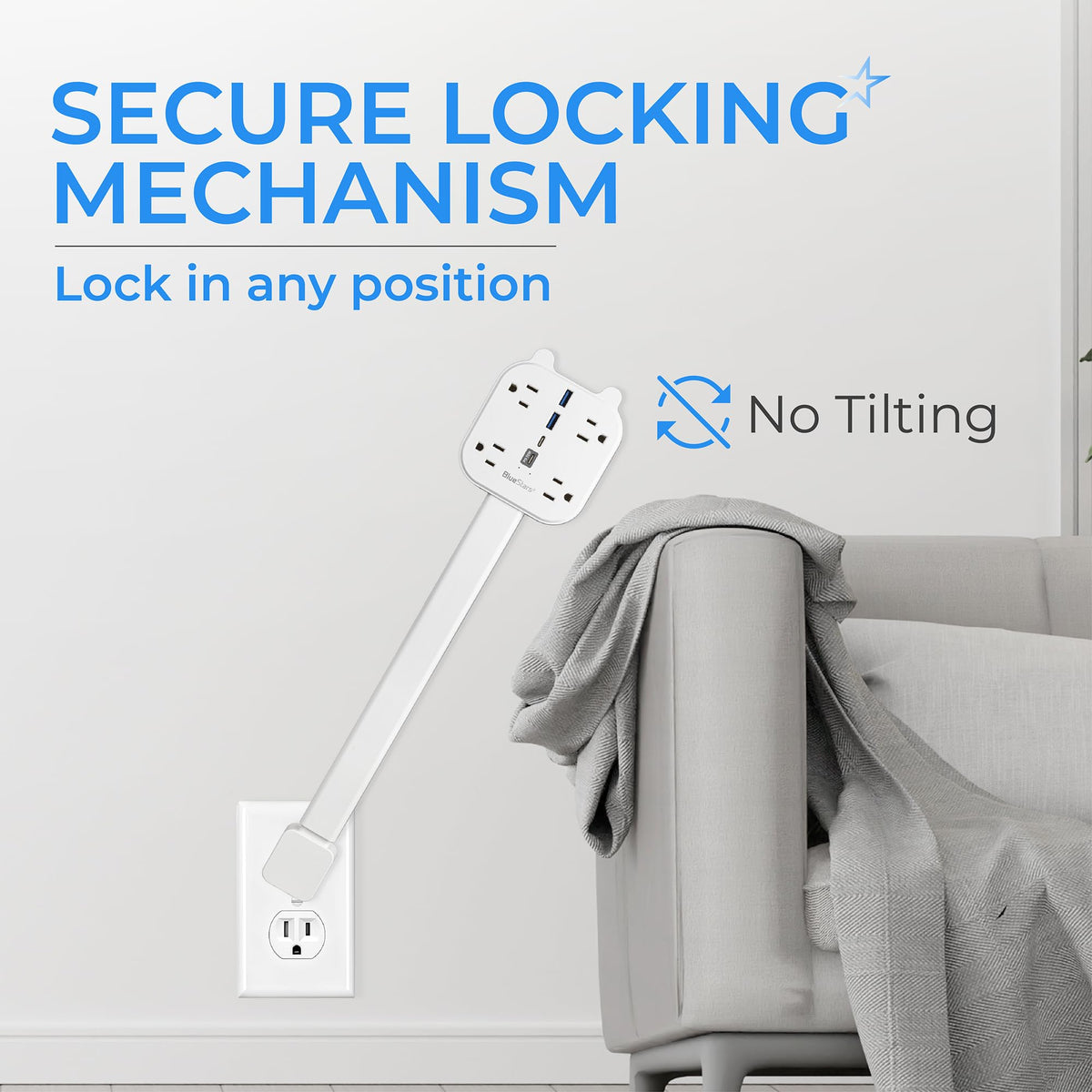 Electrical outlet extender stick showing secure locking mechanism for stable, non-tilting wall outlet expansion.