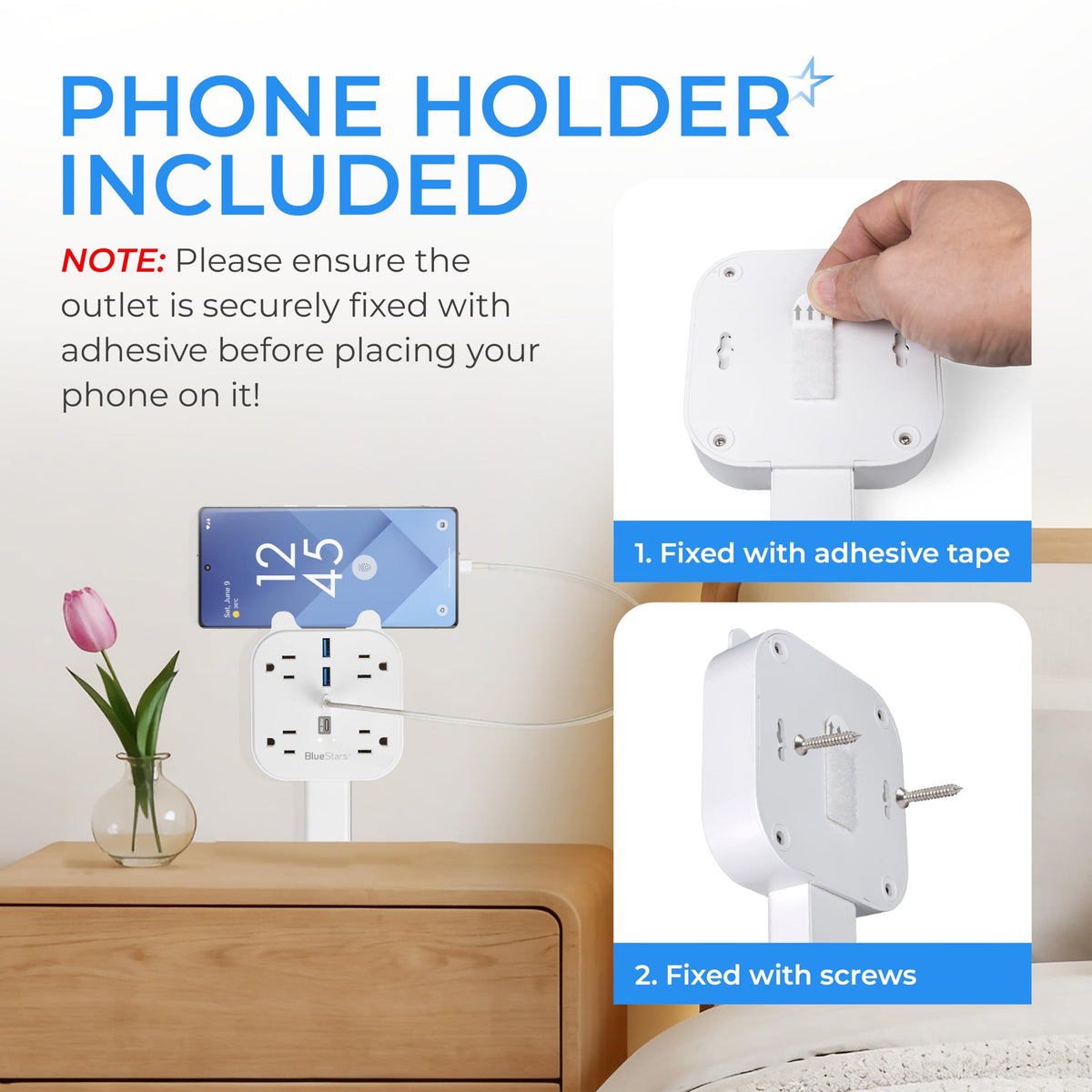 Electrical outlet extender showing phone holder feature with installation steps using adhesive tape or screws.
