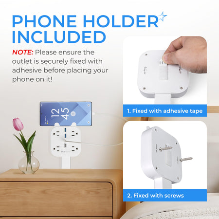 Electrical outlet extender showing phone holder feature with installation steps using adhesive tape or screws.