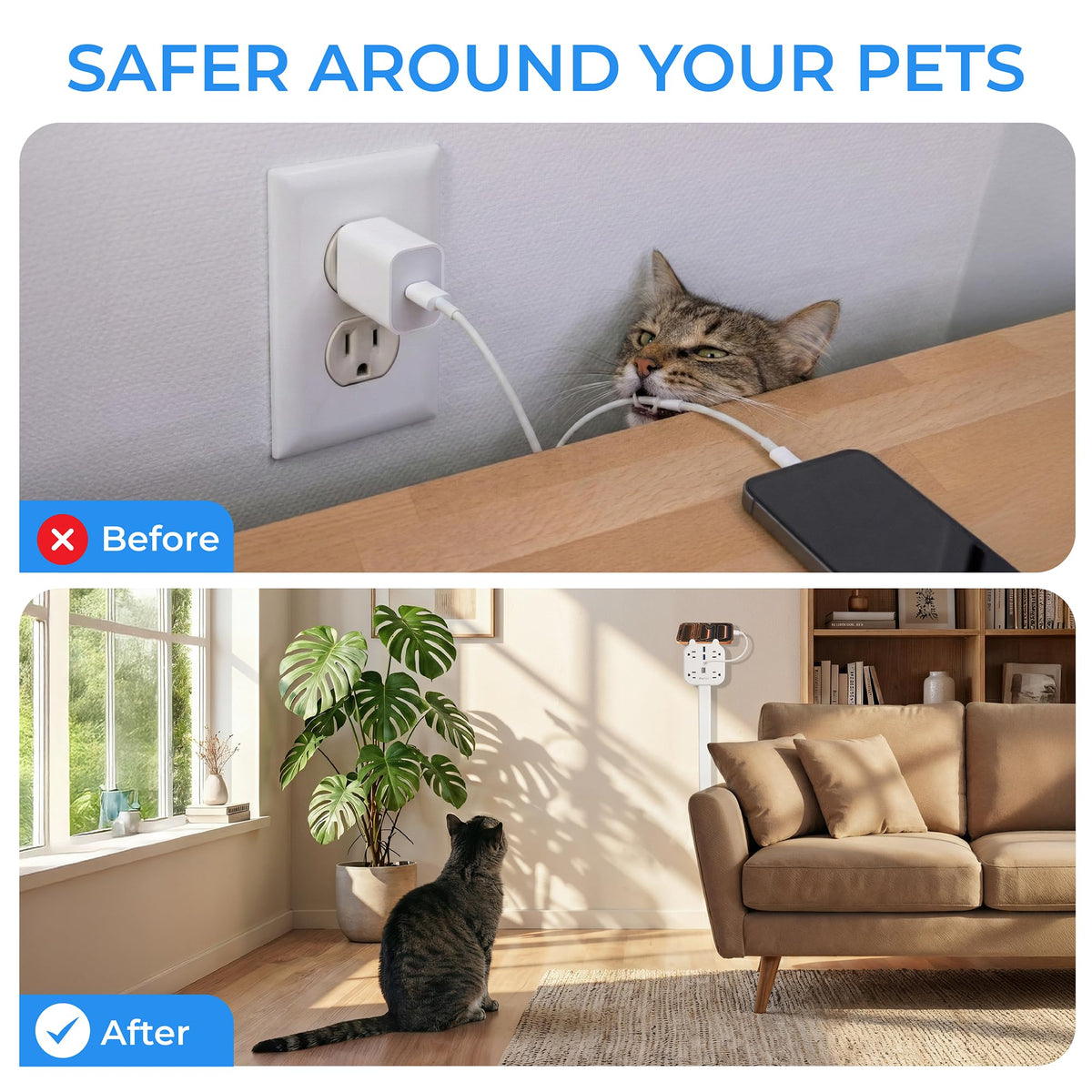 Before and after comparison showing the electrical outlet extender keeping charging cables safely away from a pet.