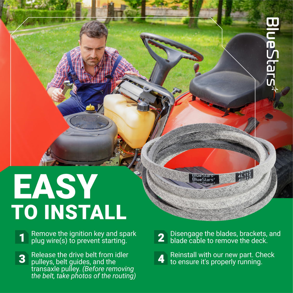 110-6871 mower deck belt installation guide showing the replacement belt and steps for a zero-turn lawn mower.