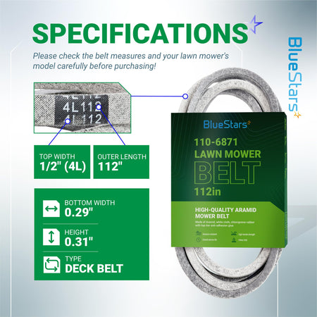 Specification chart for 110-6871 mower deck belt showing dimensions, material, and compatibility details.