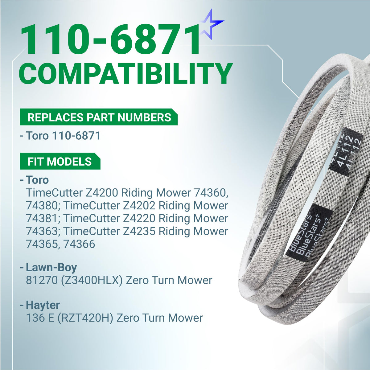 110-6871 mower deck belt compatibility chart for Toro TimeCutter and Lawn-Boy zero turn mowers.