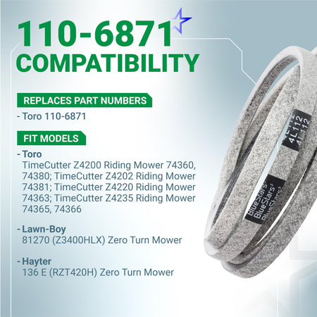 110-6871 mower deck belt compatibility chart for Toro TimeCutter and Lawn-Boy zero turn mowers.