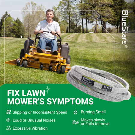 110-6871 mower deck belt for Toro TimeCutter zero turn mowers, shown with troubleshooting symptoms infographic.