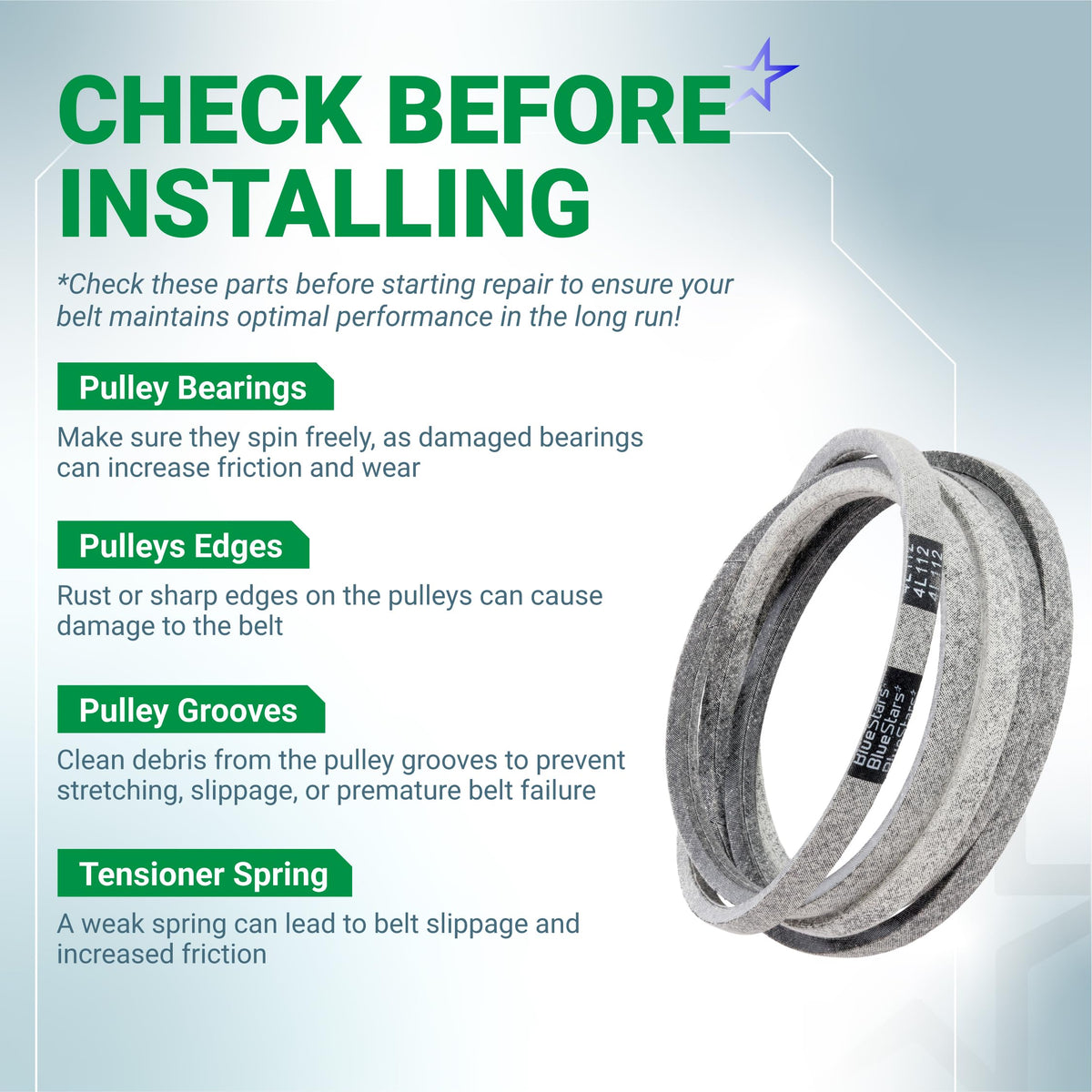 Infographic showing 110-6871 mower deck belt installation tips for Toro TimeCutter zero turn mowers.