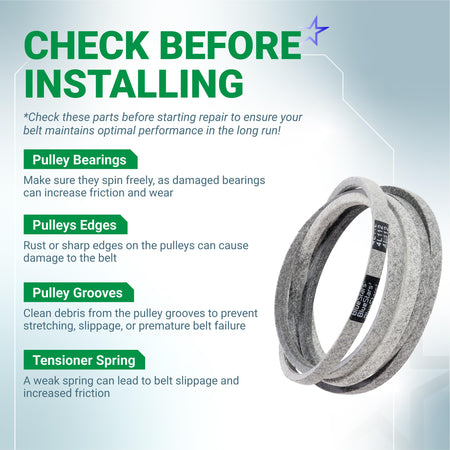 Infographic showing 110-6871 mower deck belt installation tips for Toro TimeCutter zero turn mowers.