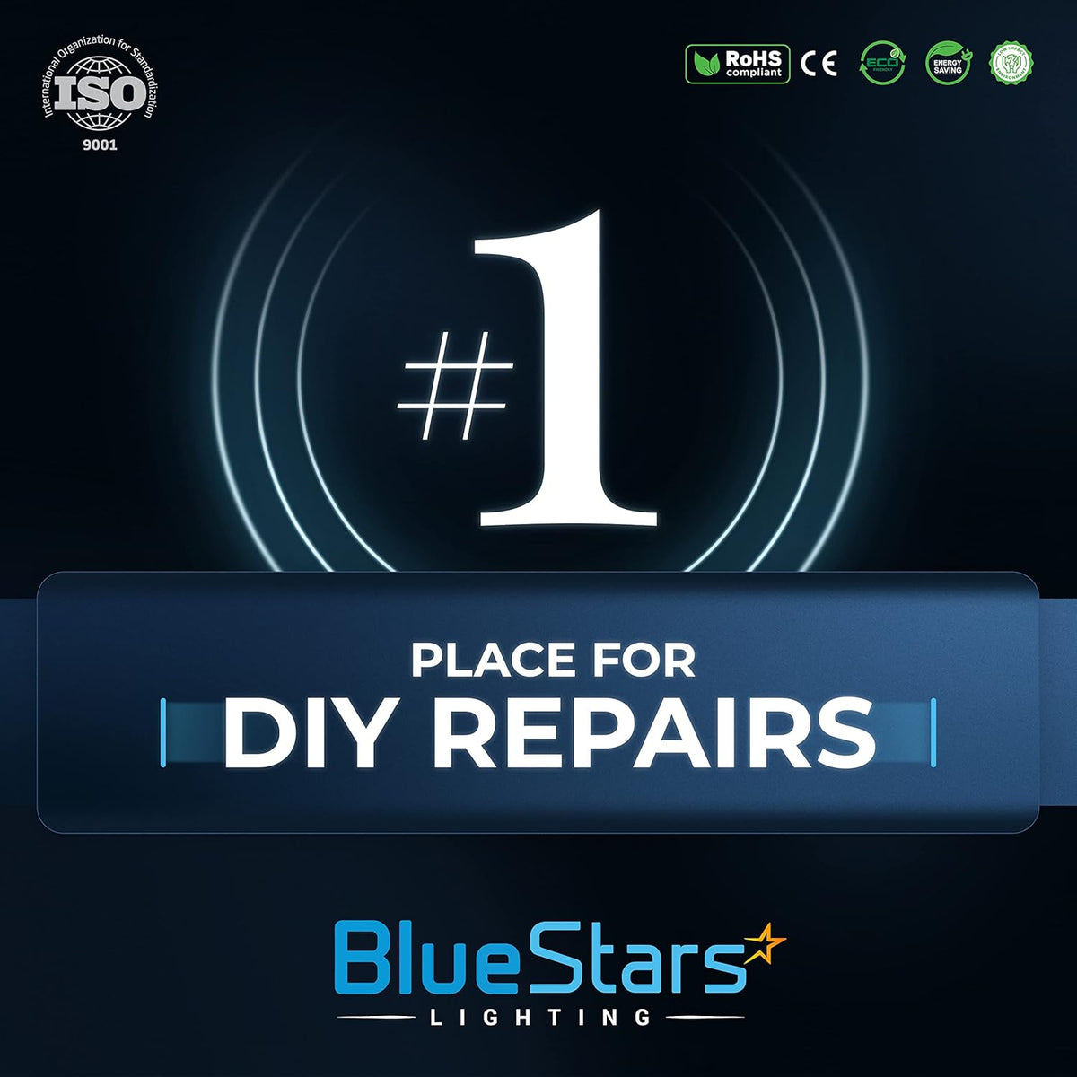 BlueStars Lighting brand graphic for E26 LED corn light bulbs featuring ISO 9001 and RoHS certification icons.