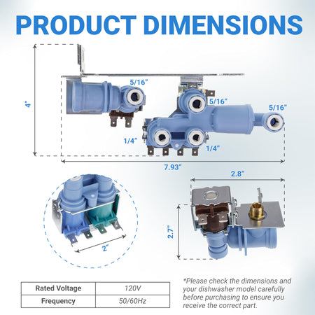 Dimensional diagram showing measurements for the 242253002 refrigerator water inlet valve.