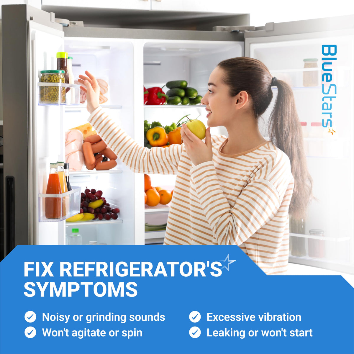 Woman holding an apple in front of an open refrigerator to illustrate common refrigerator repair symptoms.