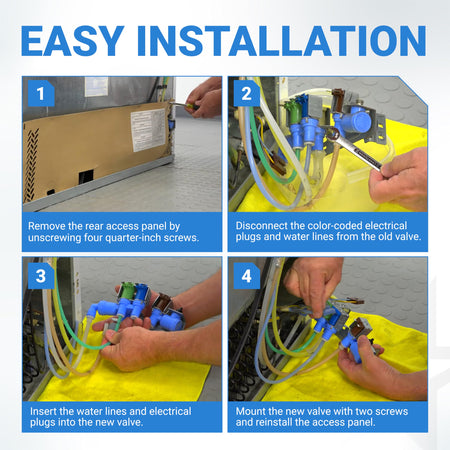 Four-step installation guide for replacing a refrigerator water inlet valve with color-coded lines and electrical plugs.