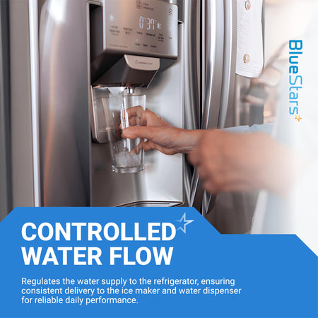 Person filling a glass from a refrigerator water dispenser, illustrating controlled water flow for the inlet valve.