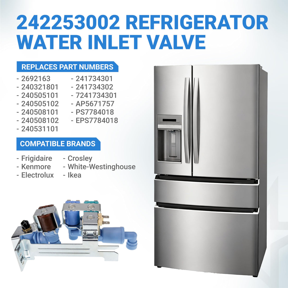 242253002 refrigerator water inlet valve with compatibility list and stainless steel refrigerator graphic.