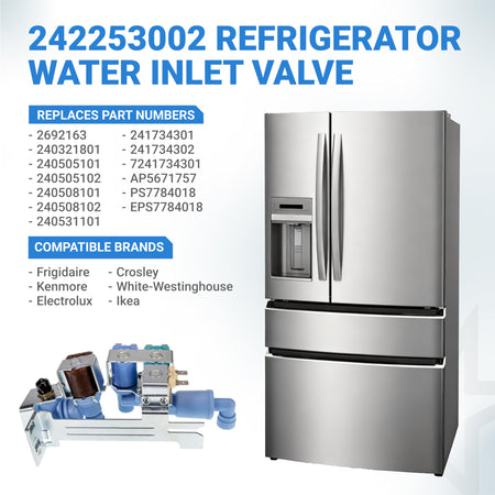 242253002 refrigerator water inlet valve with compatibility list and stainless steel refrigerator graphic.
