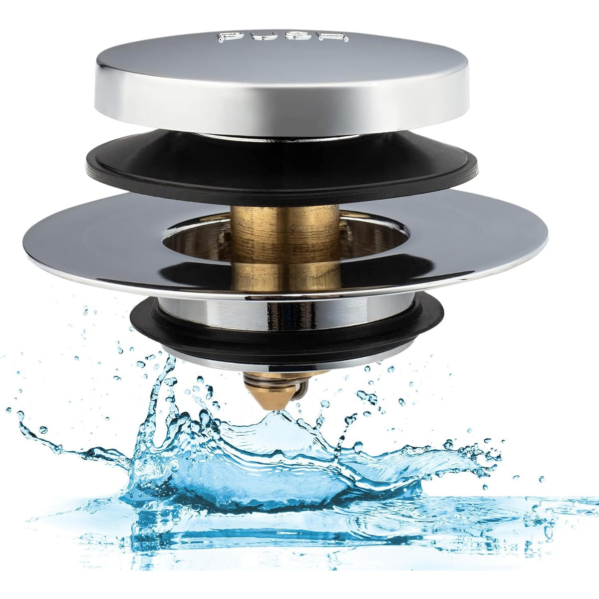 Chrome Tip-Toe bathtub drain stopper with rubber seal and water splash effect.