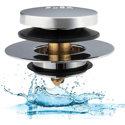 Chrome Tip-Toe bathtub drain stopper with rubber seal and water splash effect.