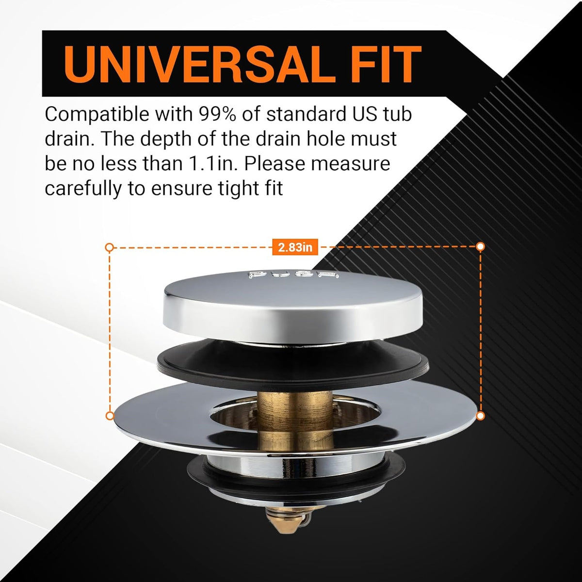 Tip-Toe bathtub drain stopper showing 2.83-inch width measurement for universal US standard fit.