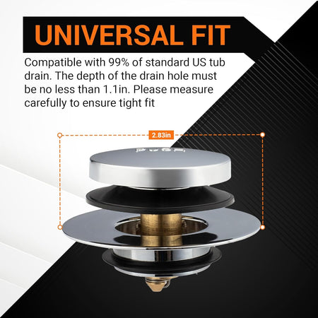 Tip-Toe bathtub drain stopper showing 2.83-inch width measurement for universal US standard fit.