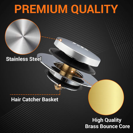 Tip-Toe bathtub drain stopper showing stainless steel finish, brass bounce core, and integrated hair catcher basket.