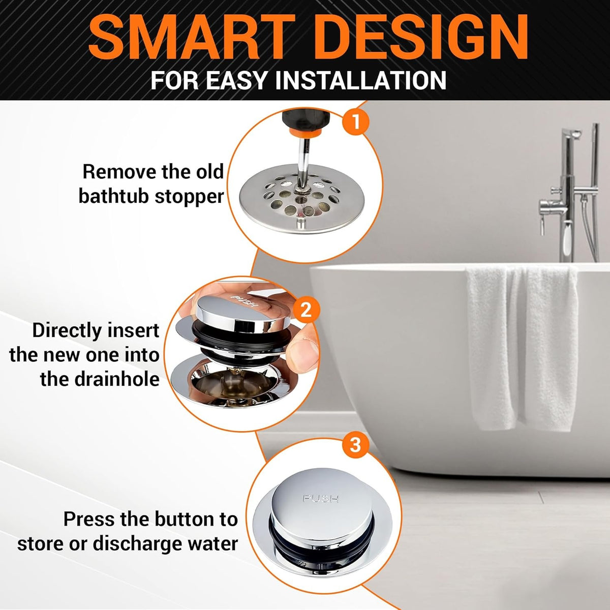 Three-step installation guide for Tip-Toe bathtub drain stopper showing removal, insertion, and operation.