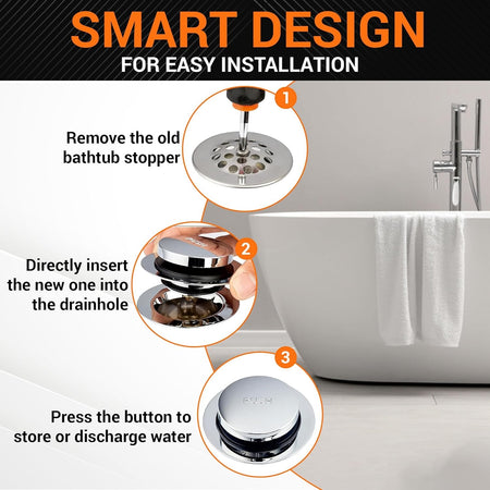 Three-step installation guide for Tip-Toe bathtub drain stopper showing removal, insertion, and operation.
