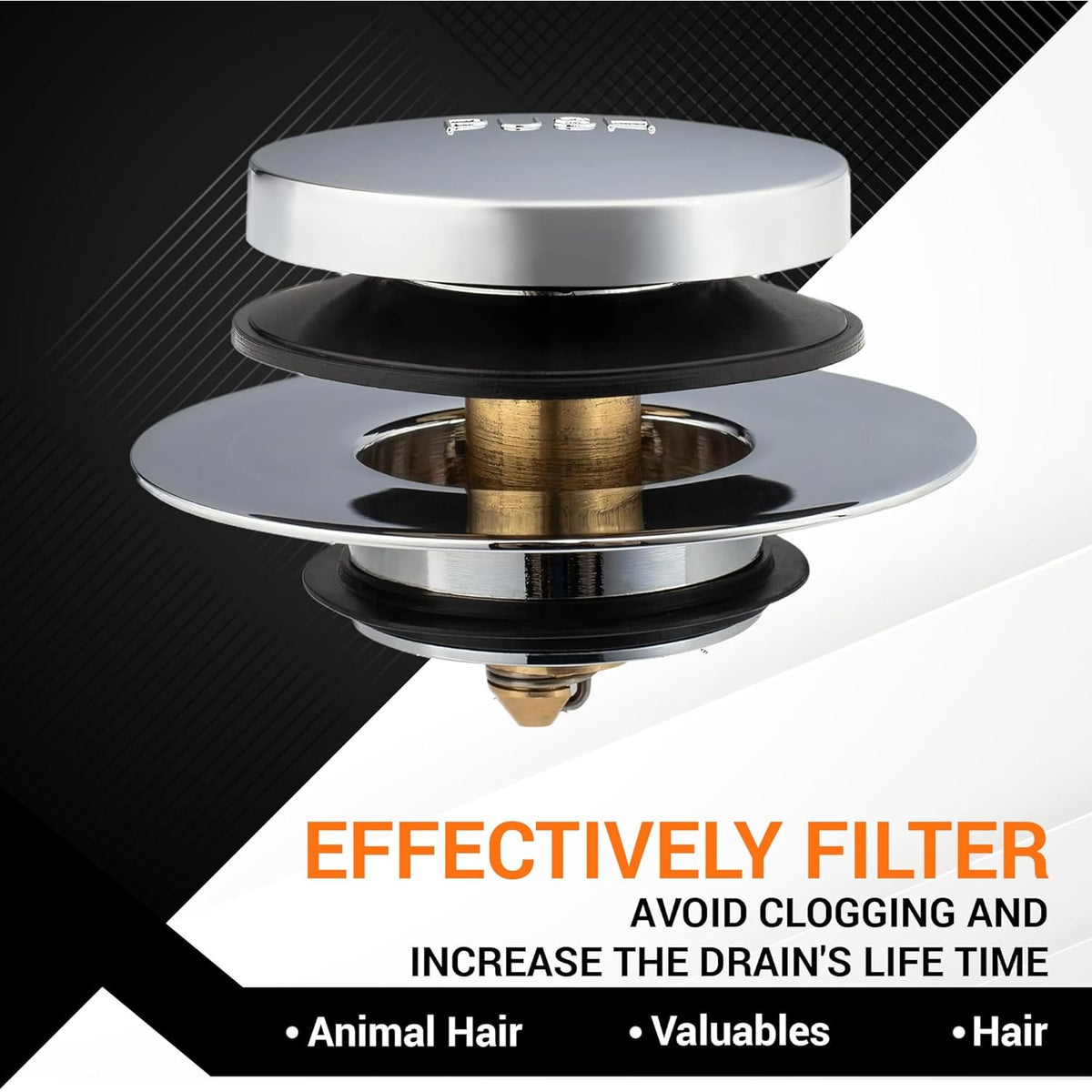 Chrome Tip-Toe bathtub drain stopper with integrated hair catcher filter for standard 1.40-1.50 inch drains.