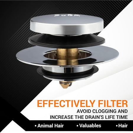 Chrome Tip-Toe bathtub drain stopper with integrated hair catcher filter for standard 1.40-1.50 inch drains.