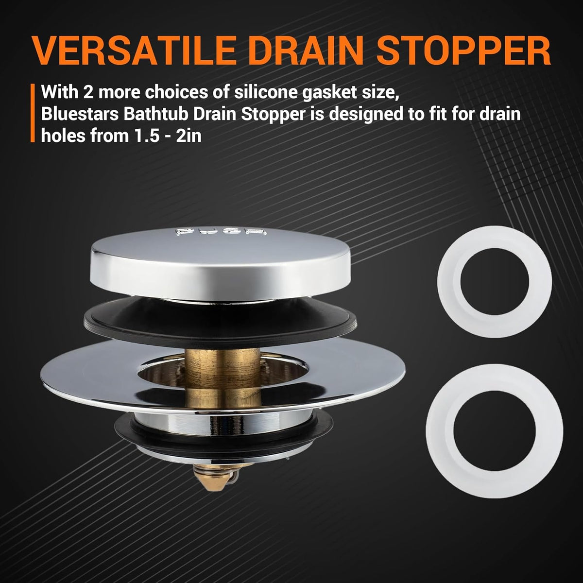 Tip-Toe bathtub drain stopper with two additional silicone gaskets for versatile fitment in 1.5 to 2-inch drain holes.