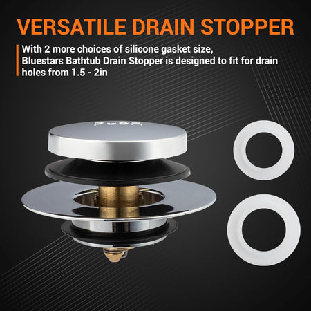 Tip-Toe bathtub drain stopper with two additional silicone gaskets for versatile fitment in 1.5 to 2-inch drain holes.