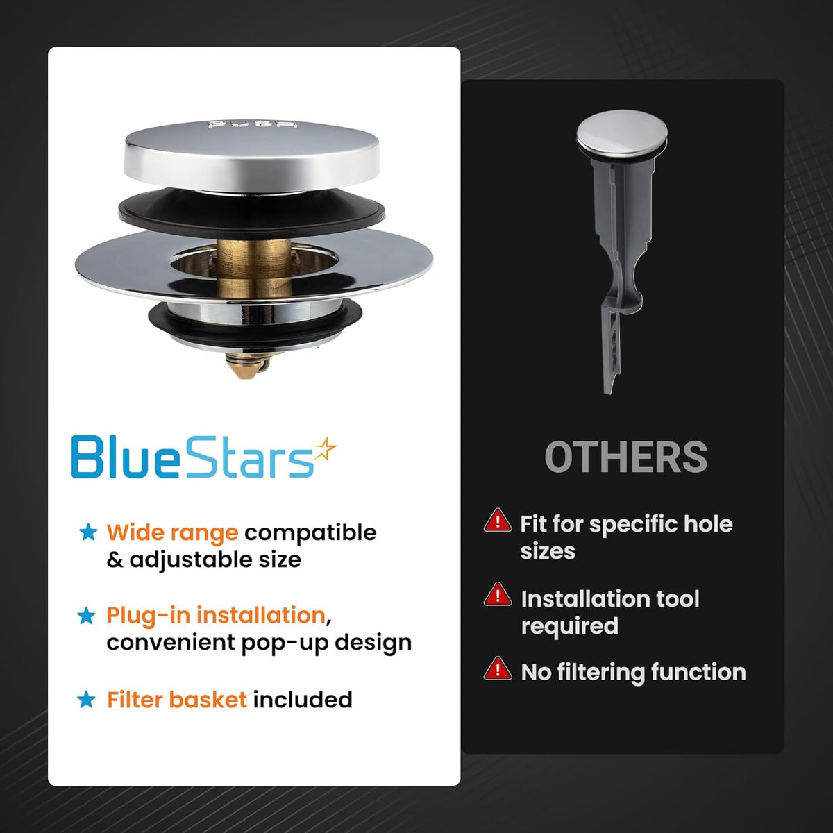 Comparison graphic showing BlueStars tip-toe bathtub drain stopper features versus standard drain plugs.