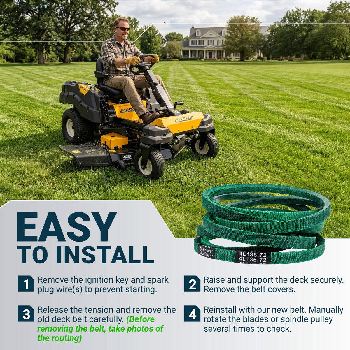 Replacement deck belt for Cub Cadet zero-turn mower with easy installation instructions and visual guide.