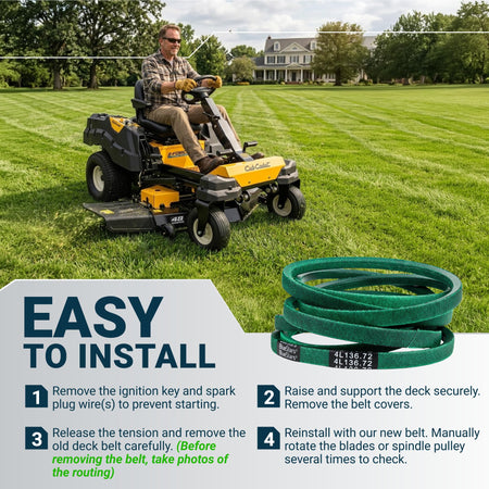 Replacement deck belt for Cub Cadet zero-turn mower with easy installation instructions and visual guide.