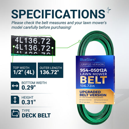 BlueStars 954-05012A lawn mower deck belt specifications chart showing 1/2 inch width and 136.72 inch outer length.