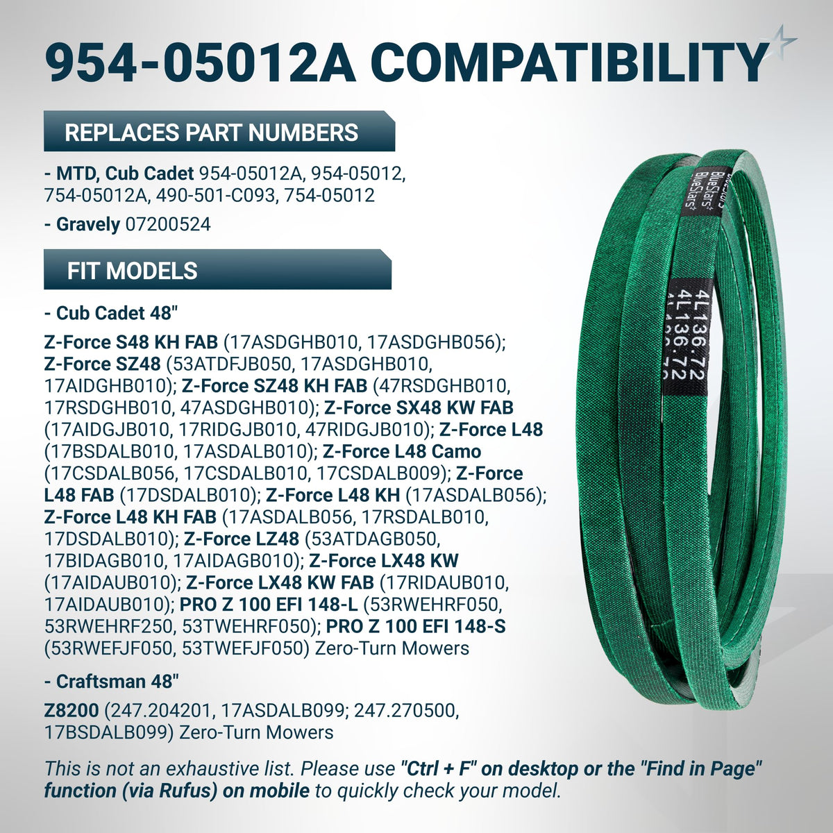 Green replacement mower deck belt 954-05012A for Cub Cadet and Craftsman 48-inch zero-turn mowers.