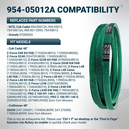 Green replacement mower deck belt 954-05012A for Cub Cadet and Craftsman 48-inch zero-turn mowers.