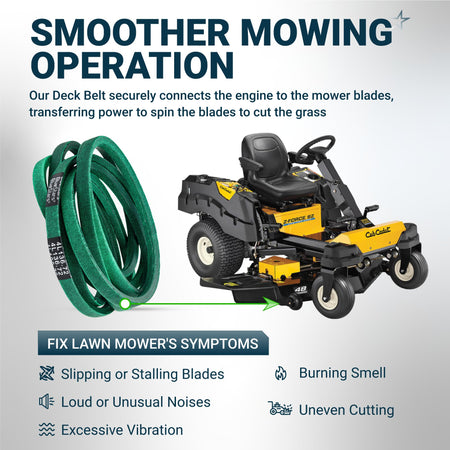 Green deck belt for Cub Cadet zero-turn mower showing installation point and common lawn mower repair symptoms.