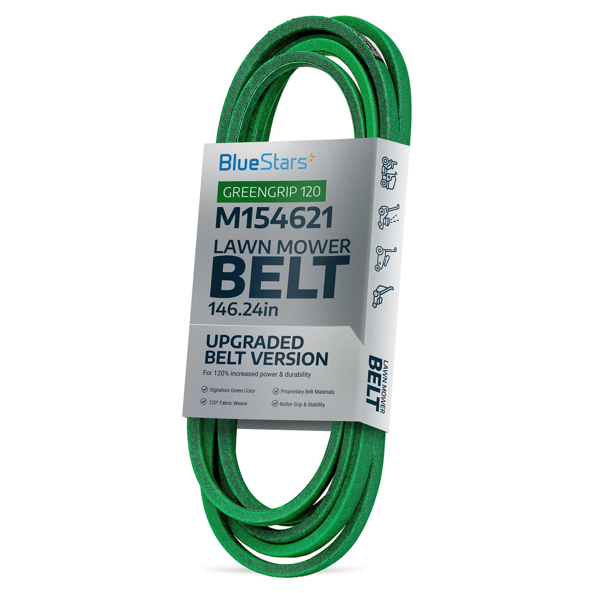 BlueStars M154621 green replacement mower belt in branded packaging for John Deere lawn tractors and zero-turn mowers.