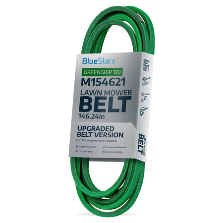 BlueStars M154621 green replacement mower belt in branded packaging for John Deere lawn tractors and zero-turn mowers.