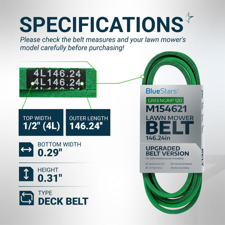 M154621 mower deck belt specifications infographic showing dimensions and 4L146.24 size markings.