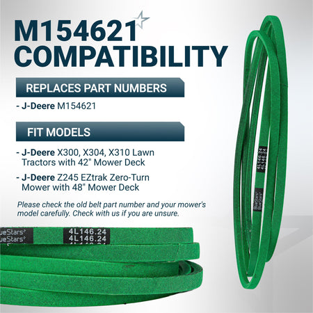 M154621 mower belt compatibility chart for J-Deere X300, X304, X310 and Z245 lawn mowers.