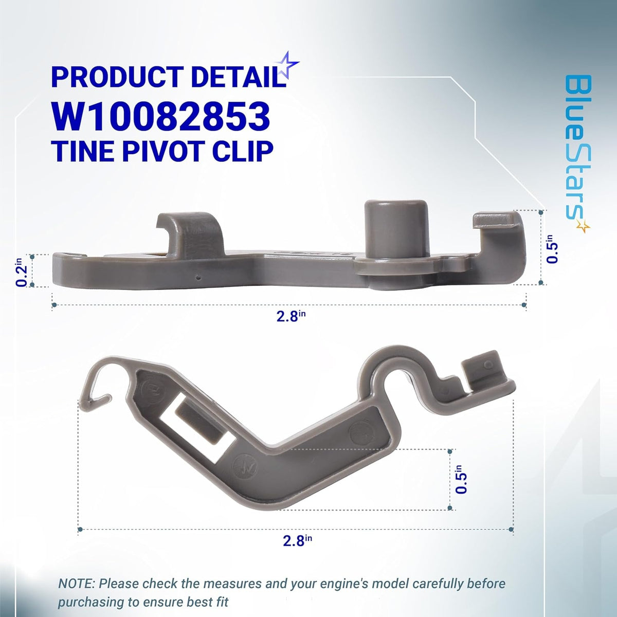 W10082853 dishwasher tine pivot clip showing side and top profile dimensions for Whirlpool and Kenmore dishwashers.