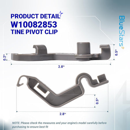 W10082853 dishwasher tine pivot clip showing side and top profile dimensions for Whirlpool and Kenmore dishwashers.