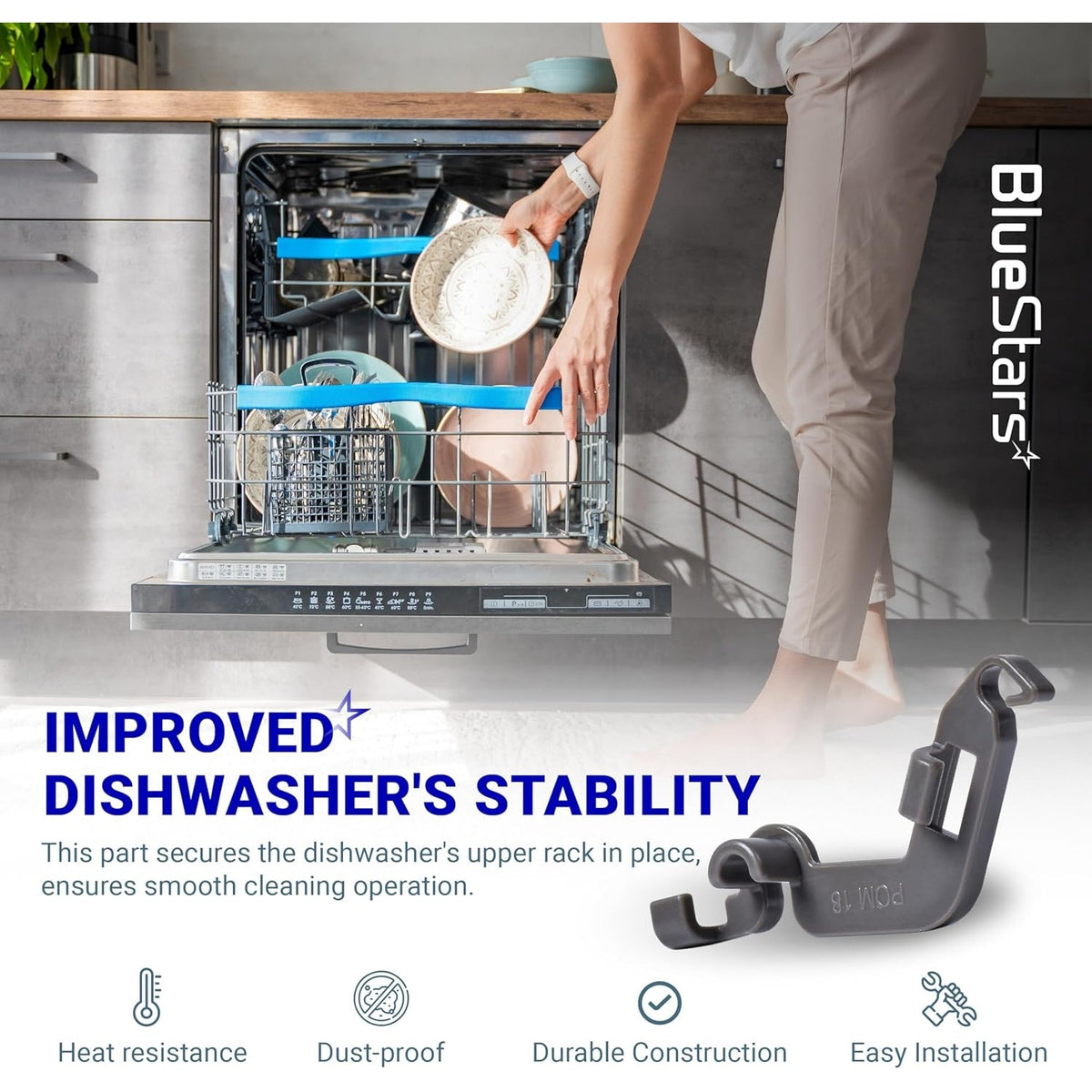 Close-up of W10082853 dishwasher tine pivot clip with lifestyle background showing dishwasher rack installation.