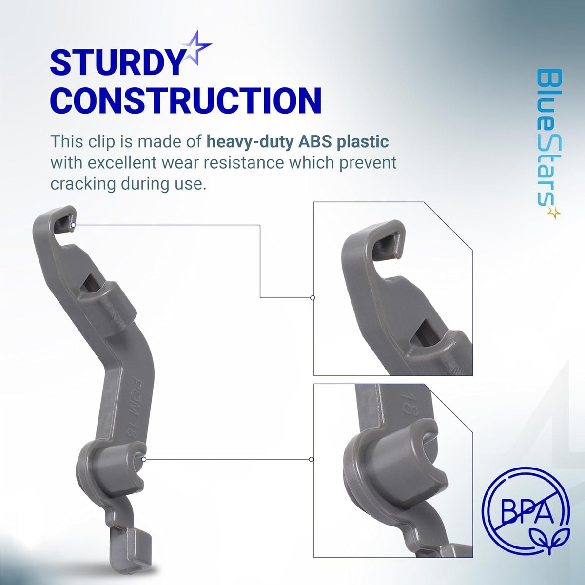 Close-up view of W10082853 dishwasher tine pivot clip showing durable ABS plastic construction and design details.
