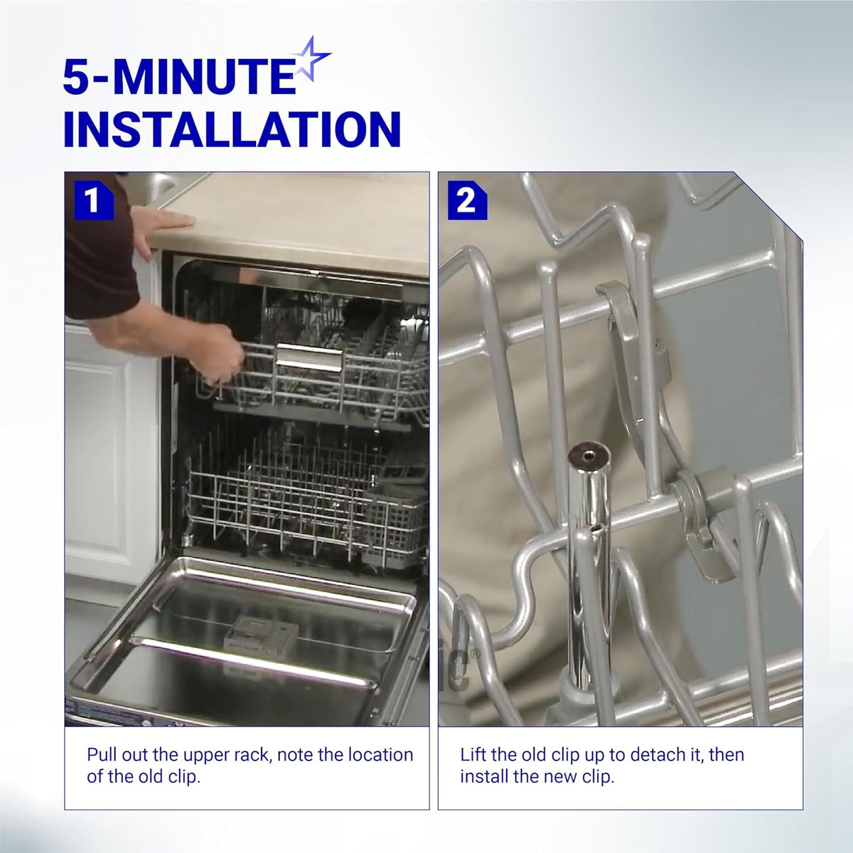 Installation guide showing steps to replace a dishwasher tine pivot clip on an upper rack.