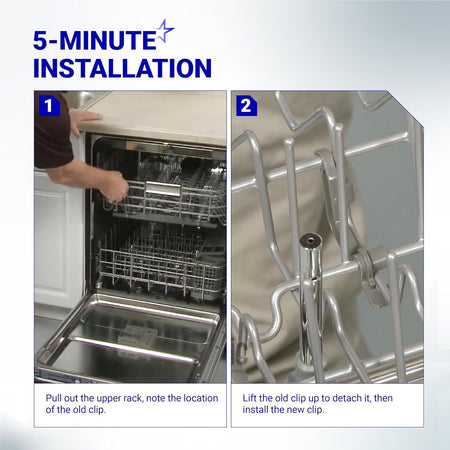 Installation guide showing steps to replace a dishwasher tine pivot clip on an upper rack.