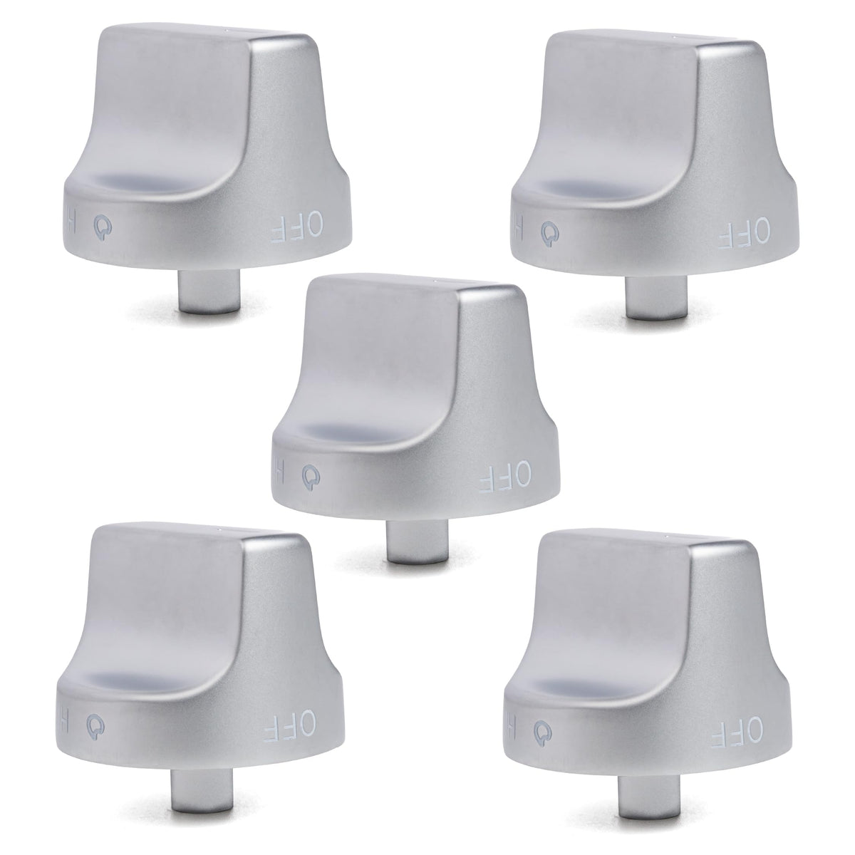 Set of five silver replacement stove knobs for Whirlpool ranges, compatible with W11239985 and W10850015.